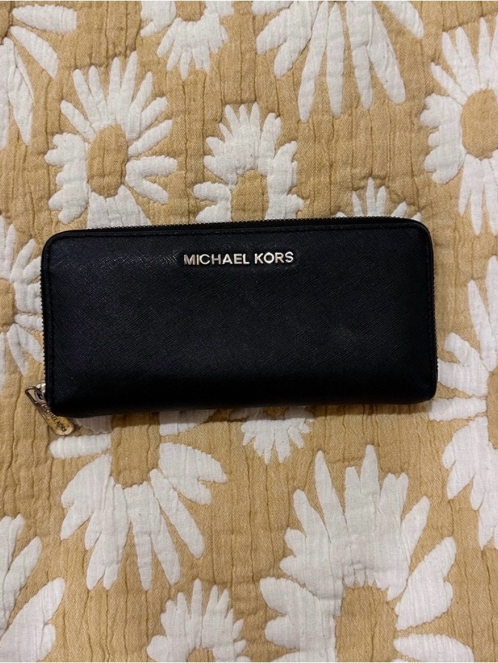 Michael Kors Black Saffiano Zip Wallet with Gold Logo